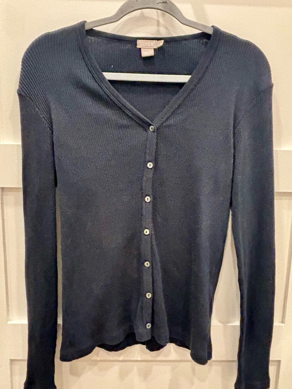 J. Crew Ribbed Button Up Fitted Y2K Henley Top in Navy Blue